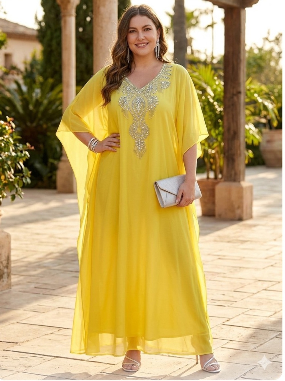 Yellow Beaded Chiffon Maxi Dress